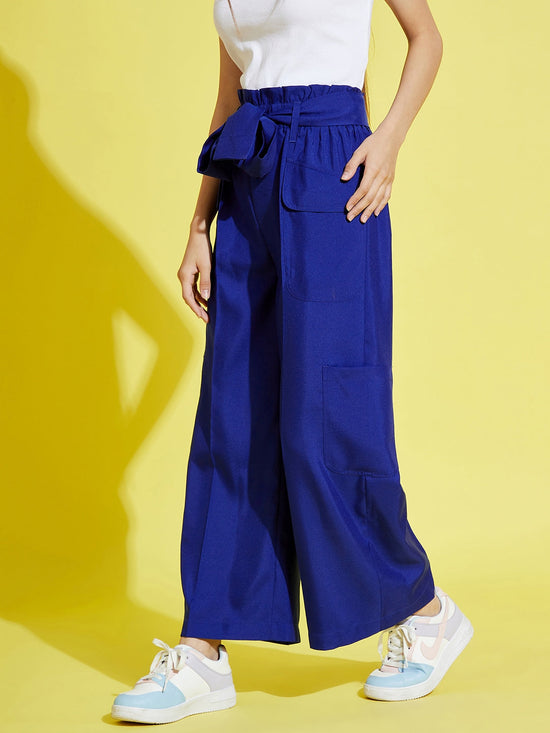 Girls Royal Blue Paper Bag Multi Pocket Pants