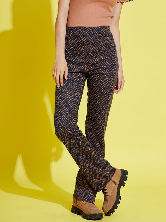 Girls Mustard & Blue Geometric Boot Leg Pants