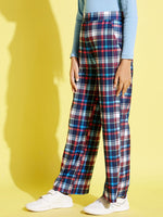 Girls Blue & Red Check Straight Pants