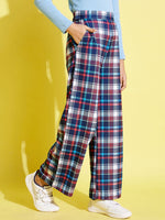 Girls Blue & Red Check Straight Pants