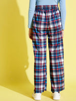 Girls Blue & Red Check Straight Pants