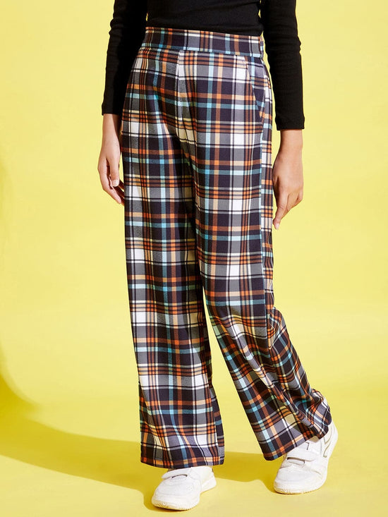 Girls Black & Orange Check Straight Pants