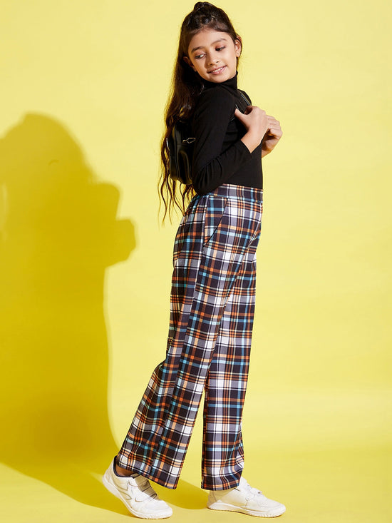 Girls Black & Orange Check Straight Pants