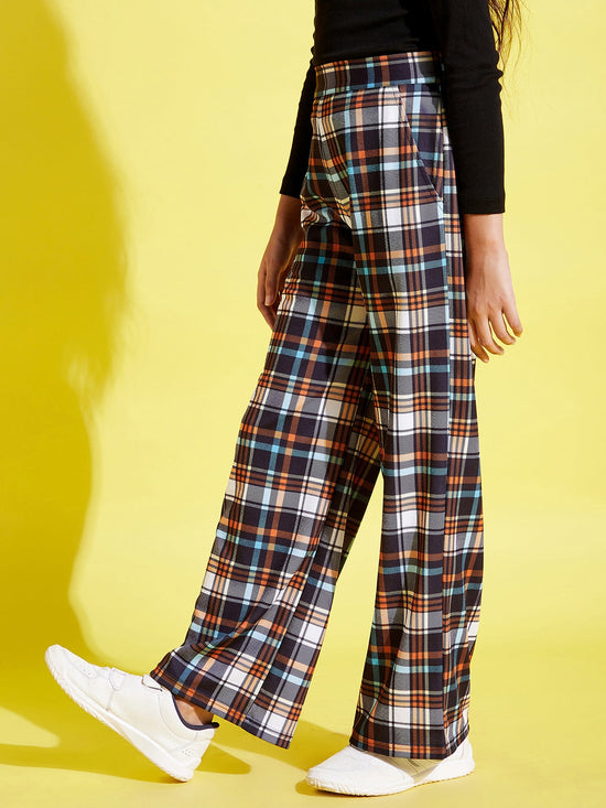 Girls Black & Orange Check Straight Pants