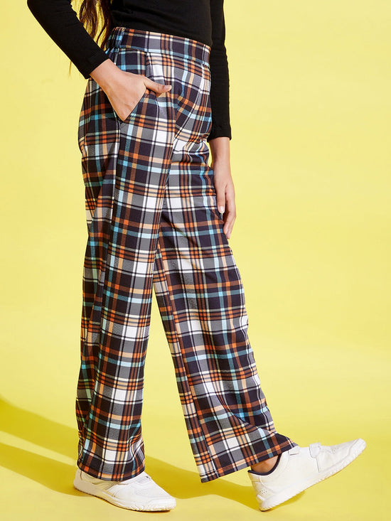 Girls Black & Orange Check Straight Pants