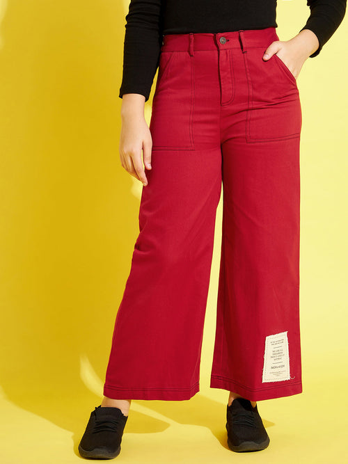 Girls Red Contrast Thread Twill Straight Pants