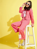 Girls Pink Contrast Thread Twill Straight Pants