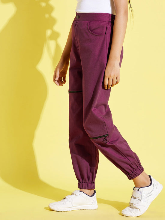 Girls Burgundy Front Zipper Twill Joggers