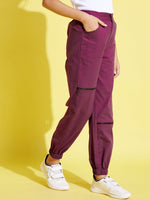 Girls Burgundy Front Zipper Twill Joggers