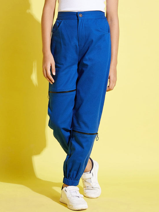 Girls Blue Front Zipper Twill Joggers