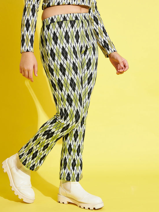 Girls Green & Black Geometric Print Bell Bottom Pants