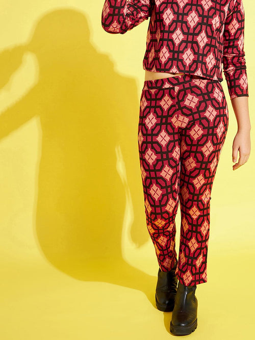 Girls Red & Black Geometric Print Bell Bottom Pants