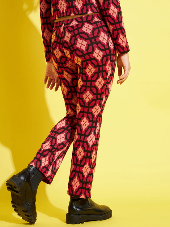 Girls Red & Black Geometric Print Bell Bottom Pants