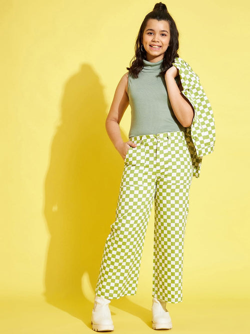 Girls Green & White Geometric Twill Straight Pants