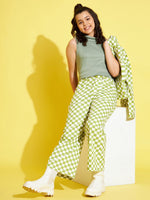 Girls Green & White Geometric Twill Straight Pants