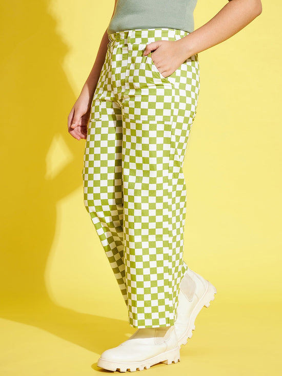 Girls Green & White Geometric Twill Straight Pants