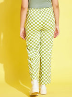 Girls Green & White Geometric Twill Straight Pants