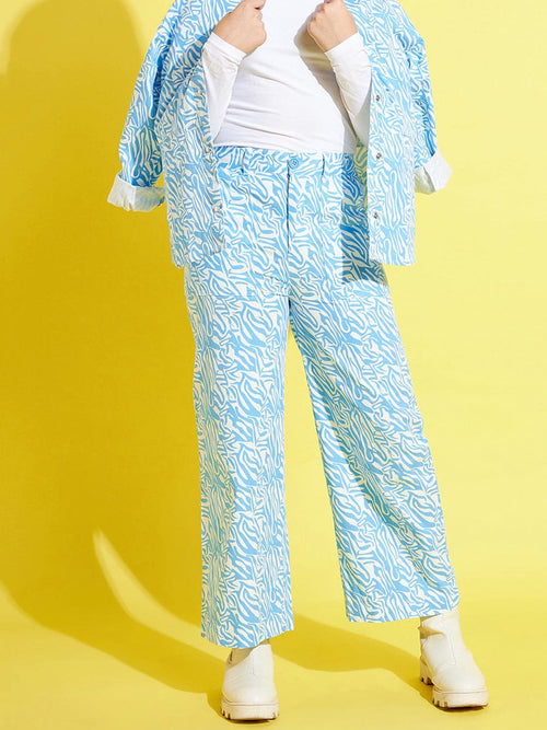 Girls Blue & White Twill Abstract Waves Straight Pants