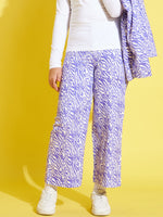 Girls Lavender & White Twill Abstract Waves Straight Pants