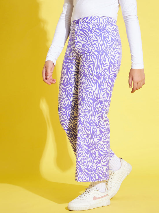 Girls Lavender & White Twill Abstract Waves Straight Pants