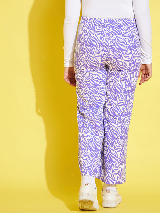 Girls Lavender & White Twill Abstract Waves Straight Pants