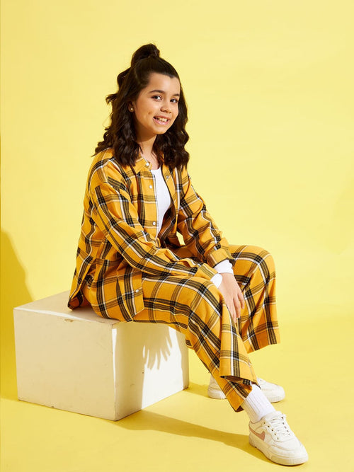 Girls Mustard & Black Check Straight Pants