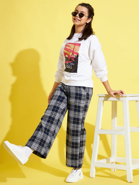 Girls Navy & Grey Check Straight Pants