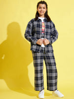 Girls Navy & Grey Check Straight Pants