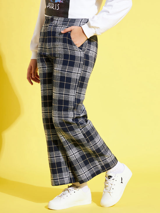 Girls Navy & Grey Check Straight Pants