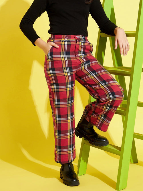 Girls Red & Yellow Check Straight Pants