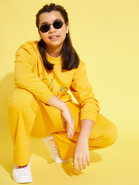 Girls Yellow Face Print Terry Track Pants