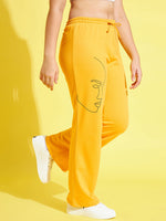 Girls Yellow Face Print Terry Track Pants