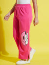 Girls Pink Fleece Flower Print Track Pants