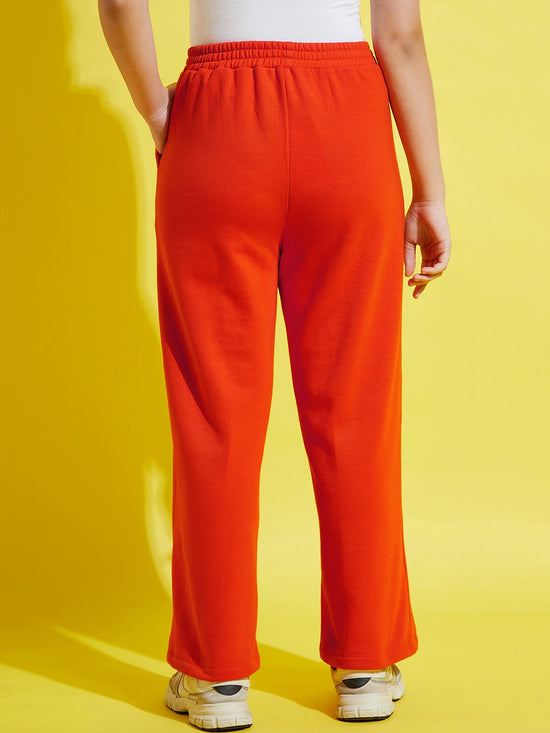 Girls Orange Fleece Track Pants