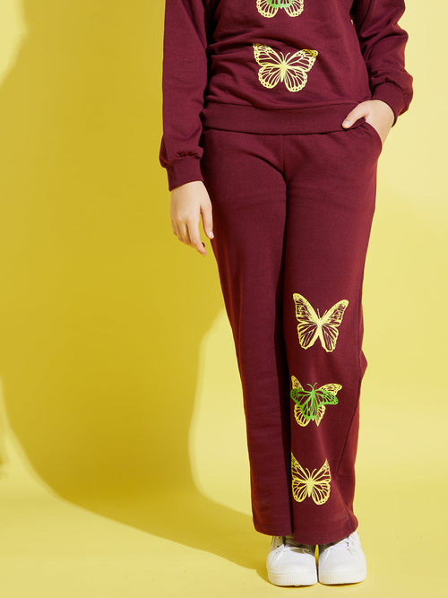 Girls Maroon Terry Butterfly Paper Bag Track Pants