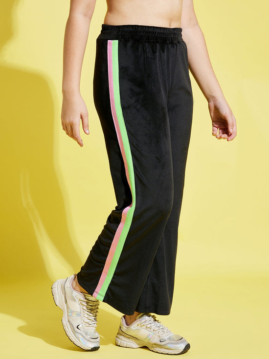 Girls Black Velour Side Tape Track Pants