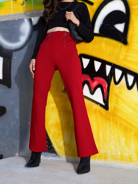 Girls Red Front Zipper Bell Bottom Pants