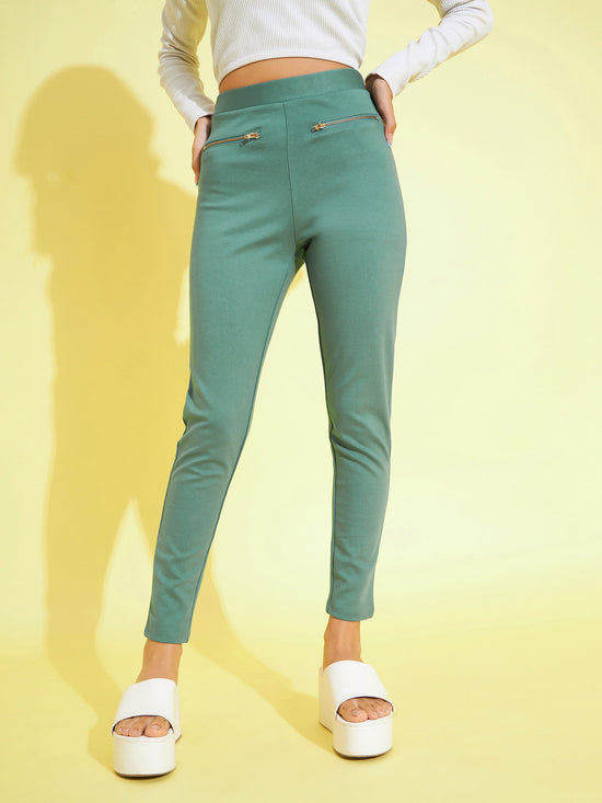 Girls Olive Metal Zipper Jeggings