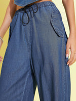 Girls Blue Tencel Pull Hem Cargo Pants