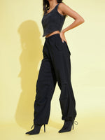 Girls Black Tencel Pull Hem Cargo Pants