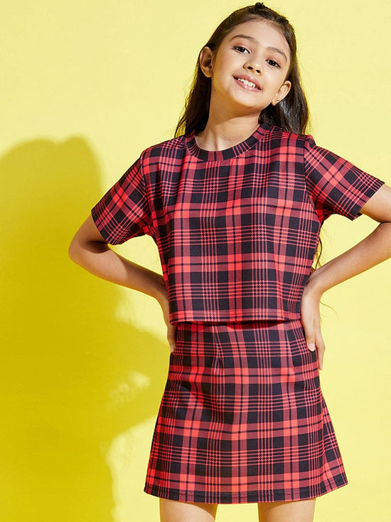 Girls Red & Black Check Crop Top With Skirt