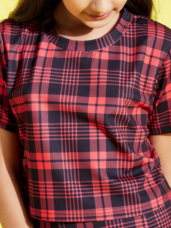 Girls Red & Black Check Crop Top With Skirt