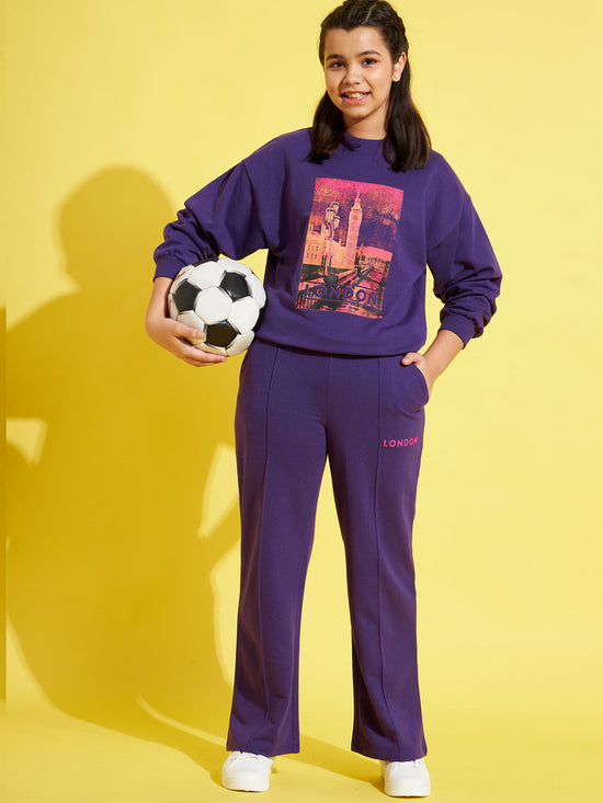 Girls Purple LONDON Sweatshirt With Track Pants