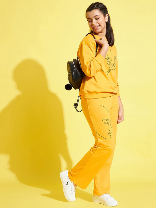 Girls Yellow Face Print Sweatshirt With Track Pants