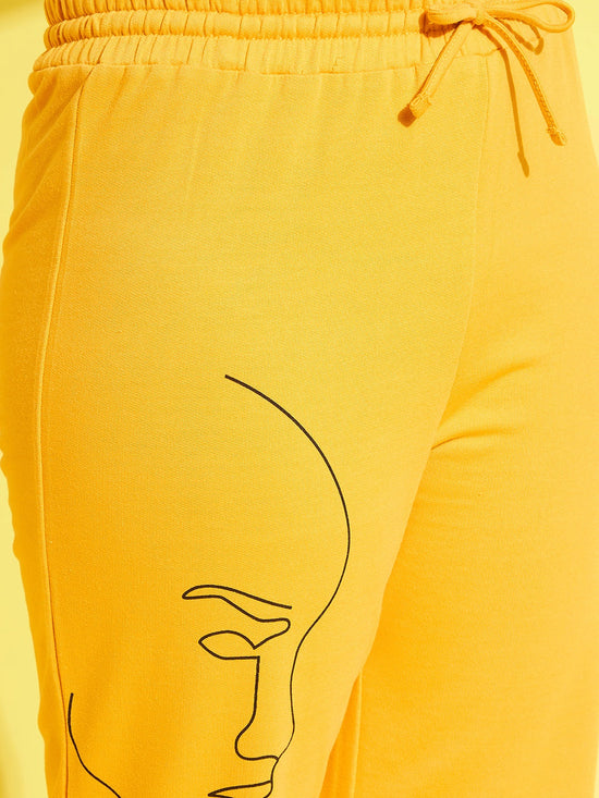 Girls Yellow Face Print Sweatshirt With Track Pants