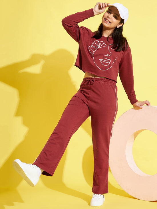 Girls Rust Face Embroidery Sweatshirt with Track Pants