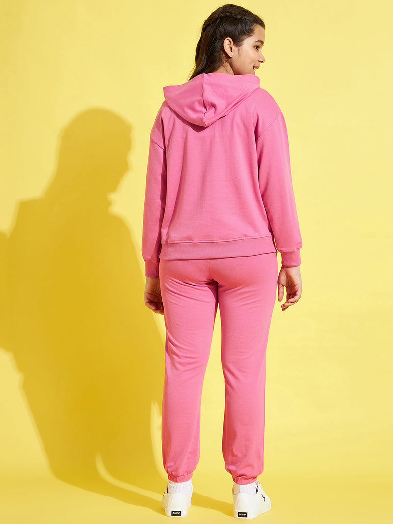 Girls Pink Face Print Hoodie With Joggers