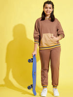 Girls Brown Drop Shoulder Sweatshirt With Joggers