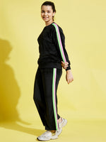 Girls Black Velour Side Tape Oversize Sweatshirt With Track Pants