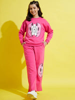 Girls Pink Fleece Flower Oversize Sweatshirt With Track Pants